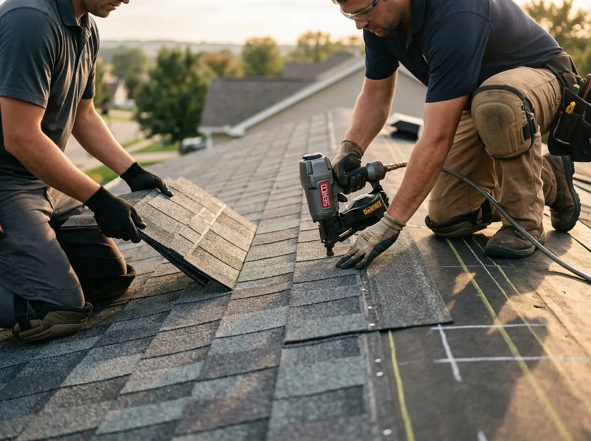 Professional roofer working on a residential roof in Tiverton